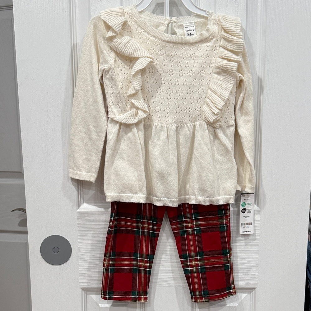 Carter's Ivory Ruffle Top and Red Plaid Pants Set